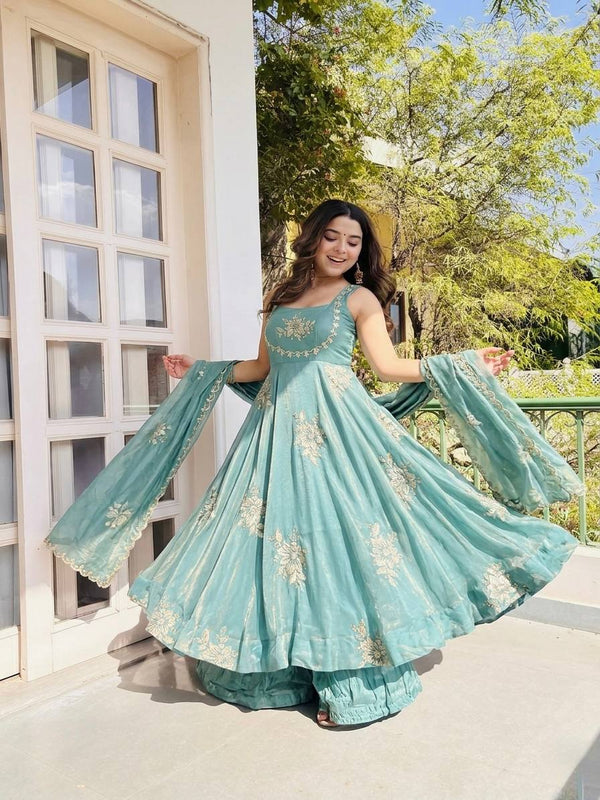 Fendy Silk Gown Sharara Set Embroidery Party Wear