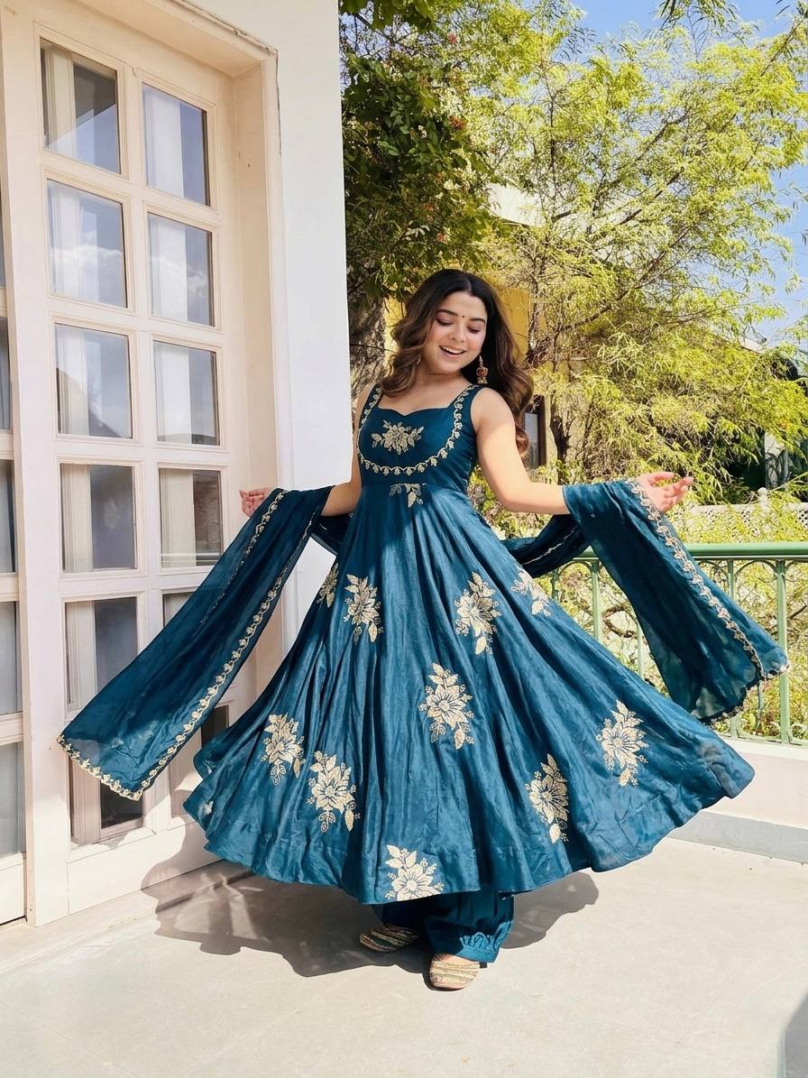 Fendy Silk Gown Sharara Set Embroidery Party Wear
