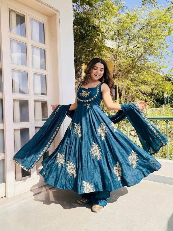 Fendy Silk Gown Sharara Set Embroidery Party Wear