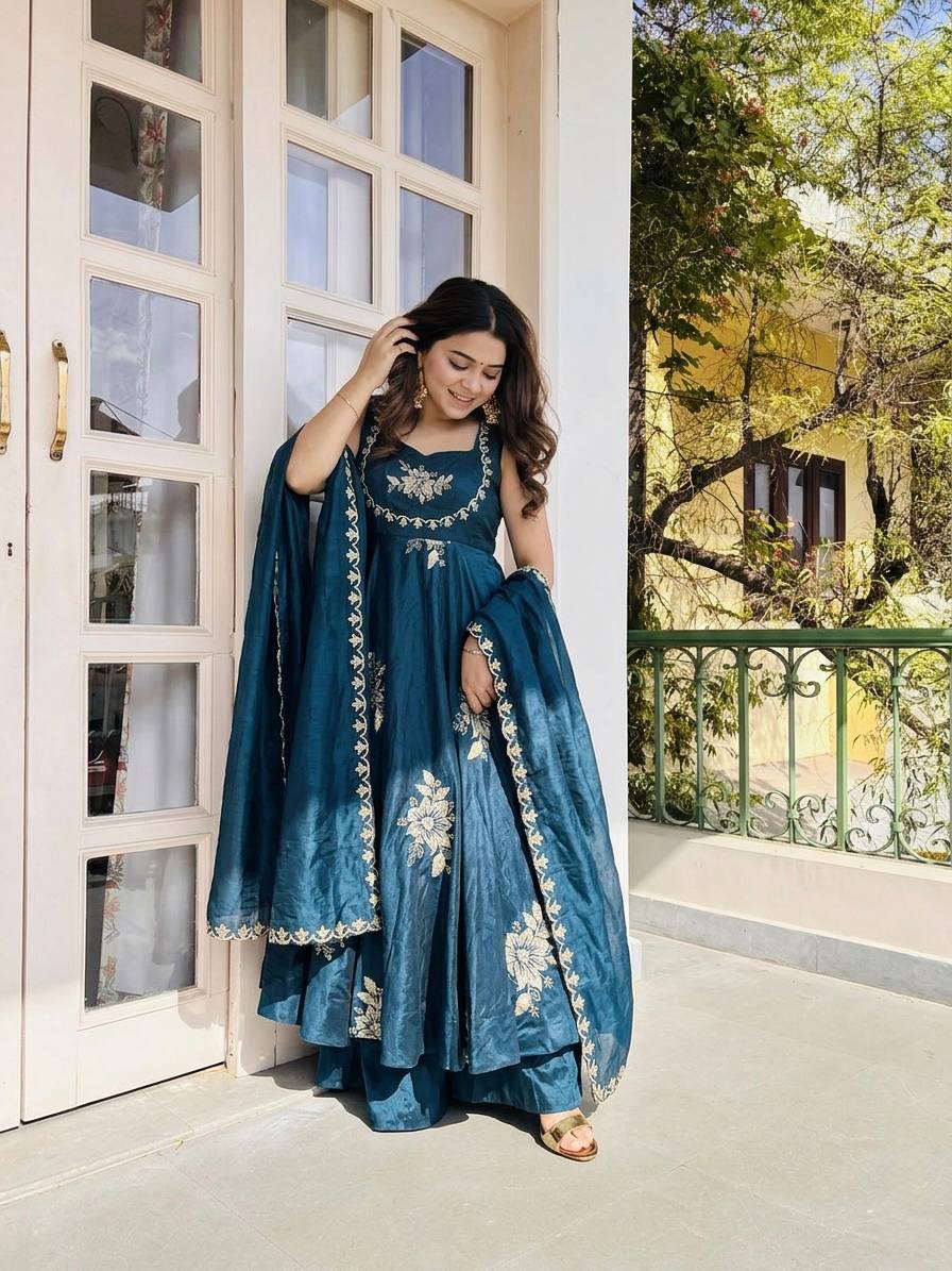 Fendy Silk Gown Sharara Set Embroidery Party Wear