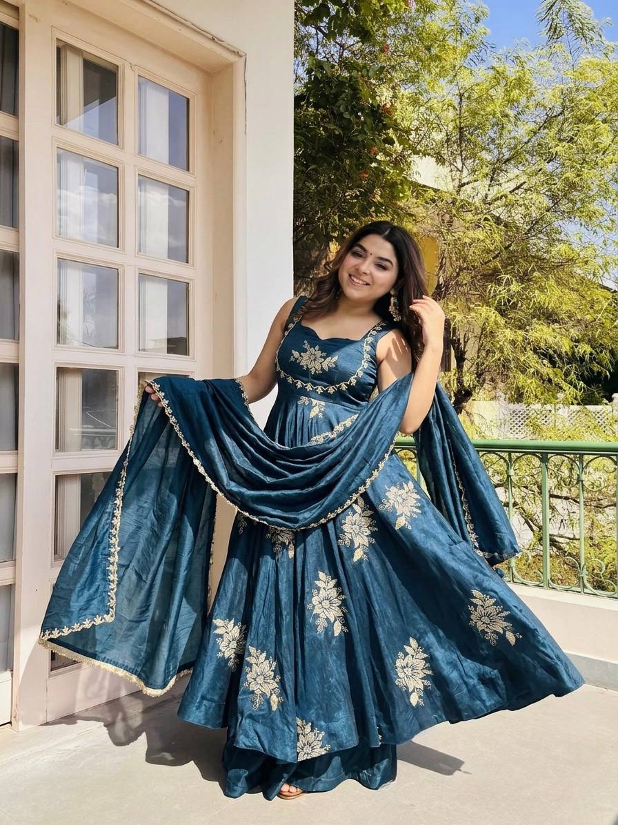 Fendy Silk Gown Sharara Set Embroidery Party Wear