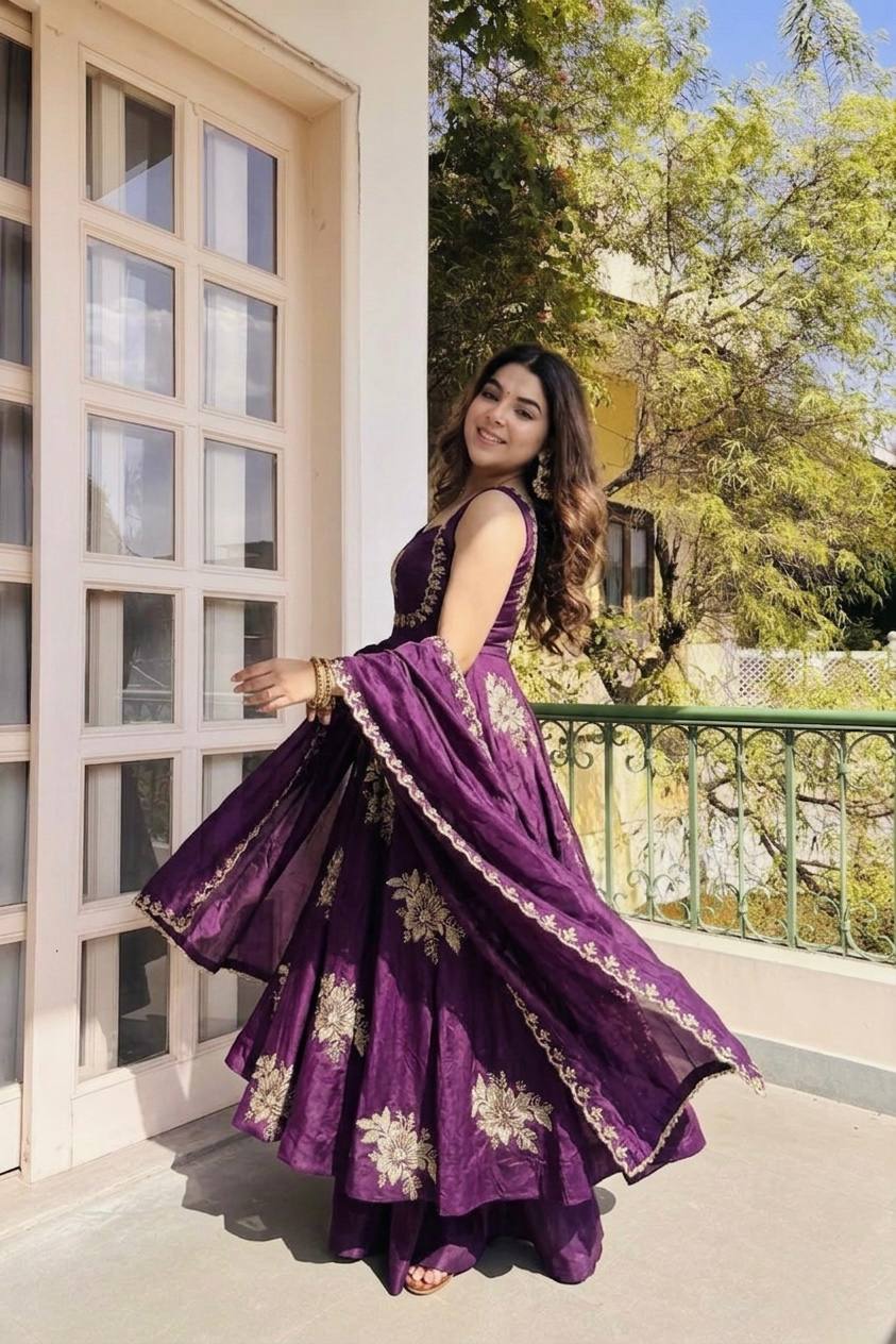 Fendy Silk Gown Sharara Set Embroidery Party Wear