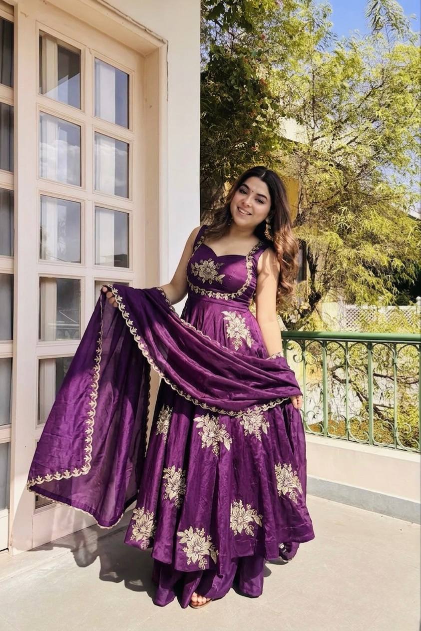 Fendy Silk Gown Sharara Set Embroidery Party Wear