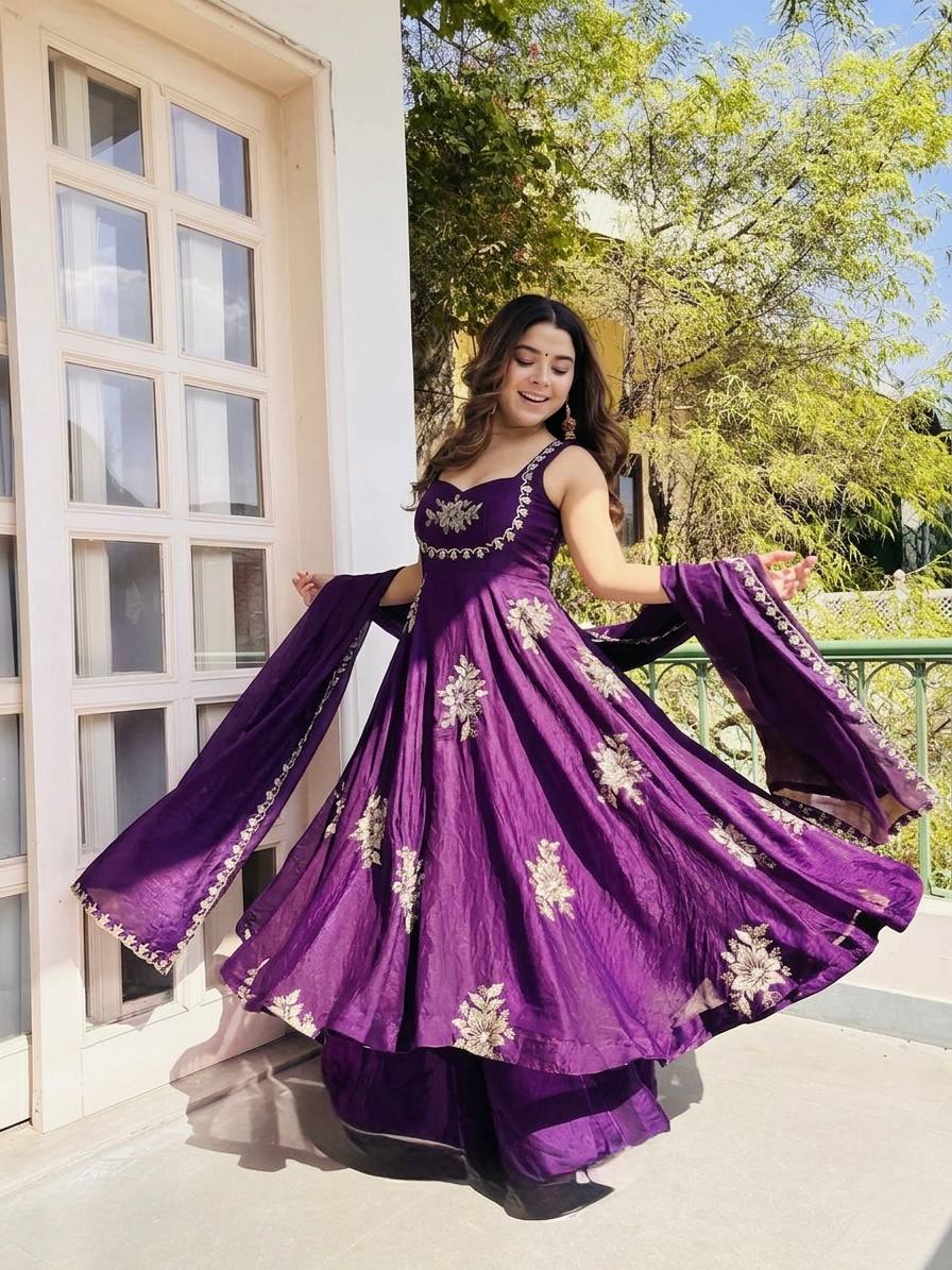 Fendy Silk Gown Sharara Set Embroidery Party Wear
