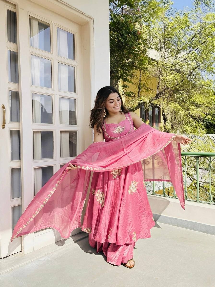 Fendy Silk Gown Sharara Set Embroidery Party Wear