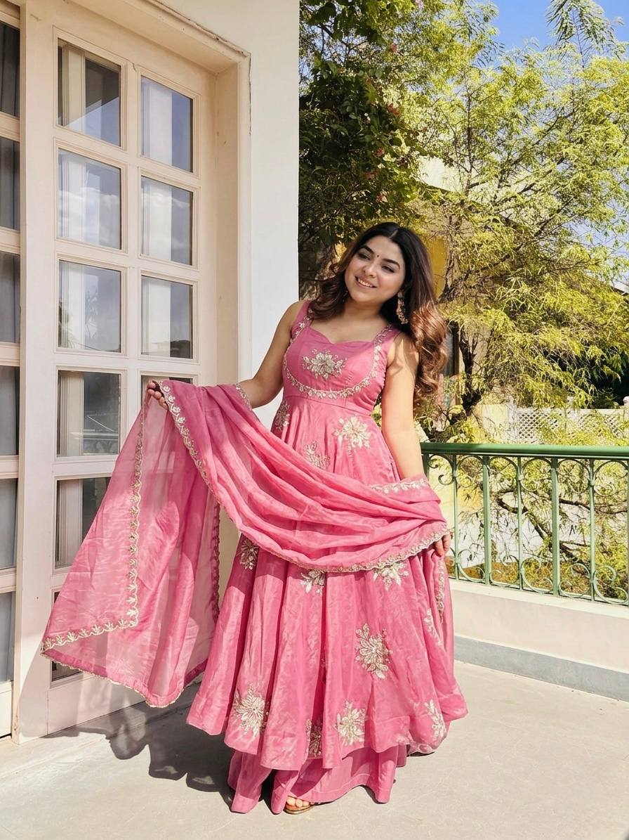 Fendy Silk Gown Sharara Set Embroidery Party Wear