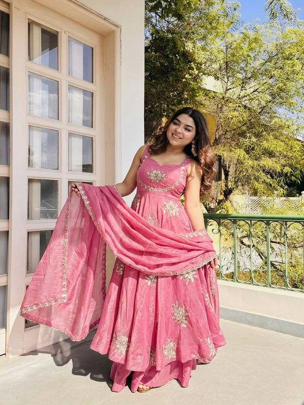 Fendy Silk Gown Sharara Set Embroidery Party Wear