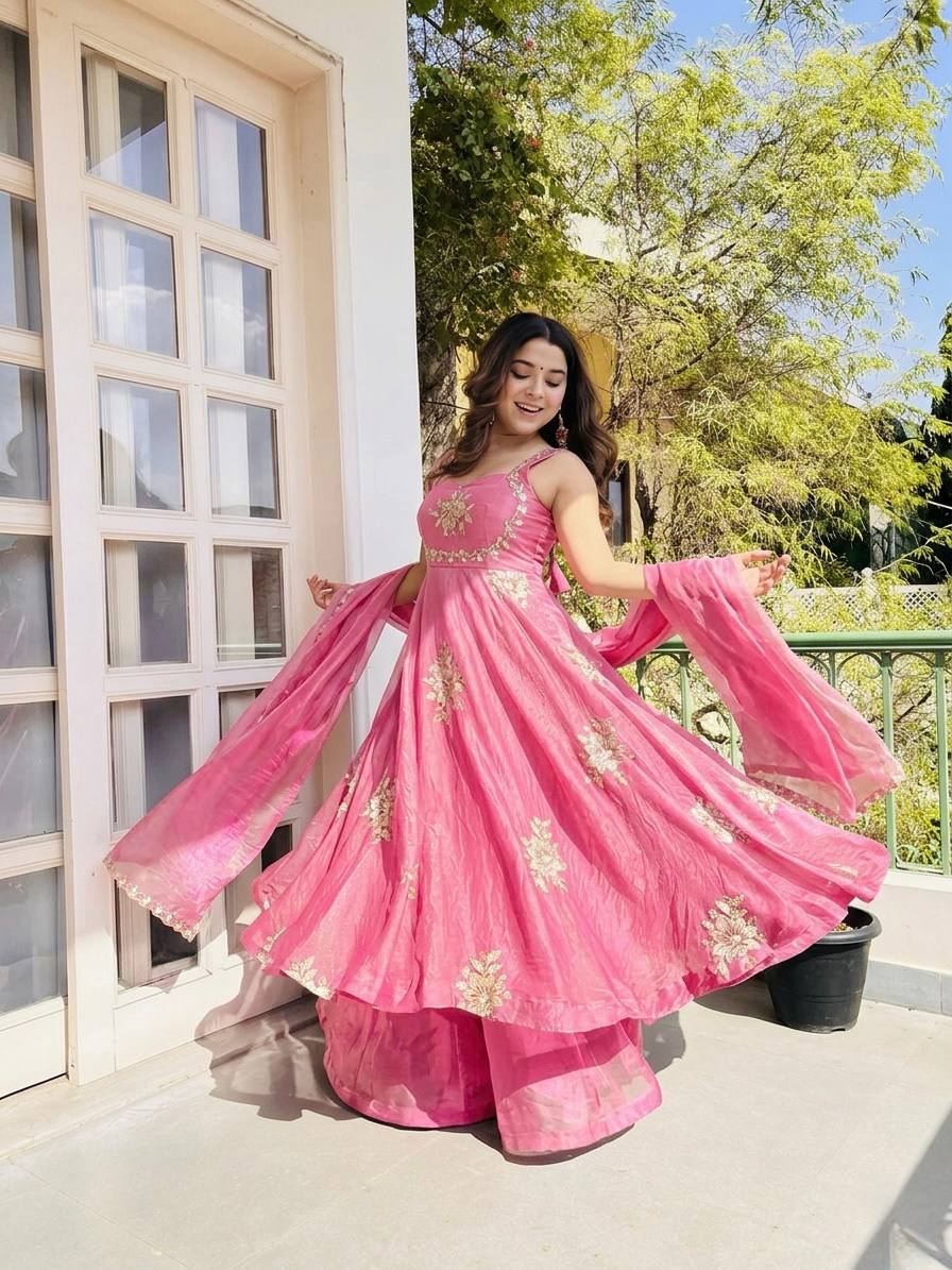 Fendy Silk Gown Sharara Set Embroidery Party Wear