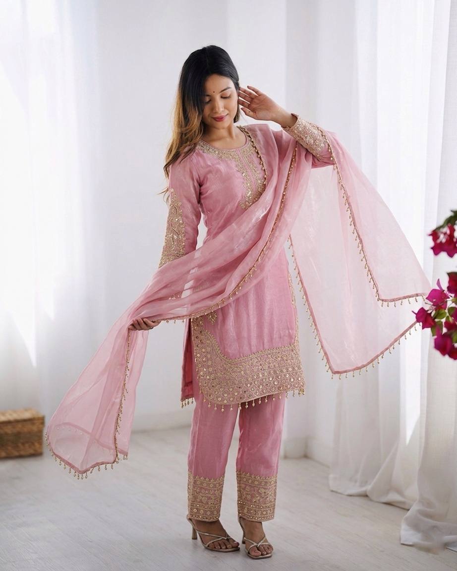 Roman Glass Silk Suit Set Embroidery Party Wear
