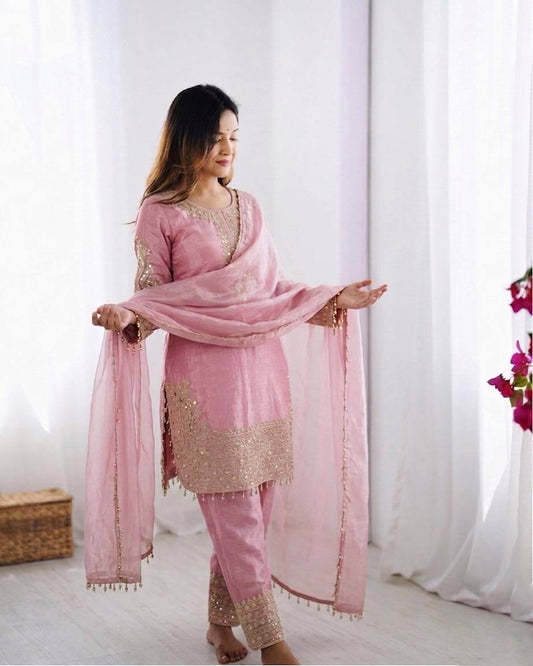 Roman Glass Silk Suit Set Embroidery Party Wear