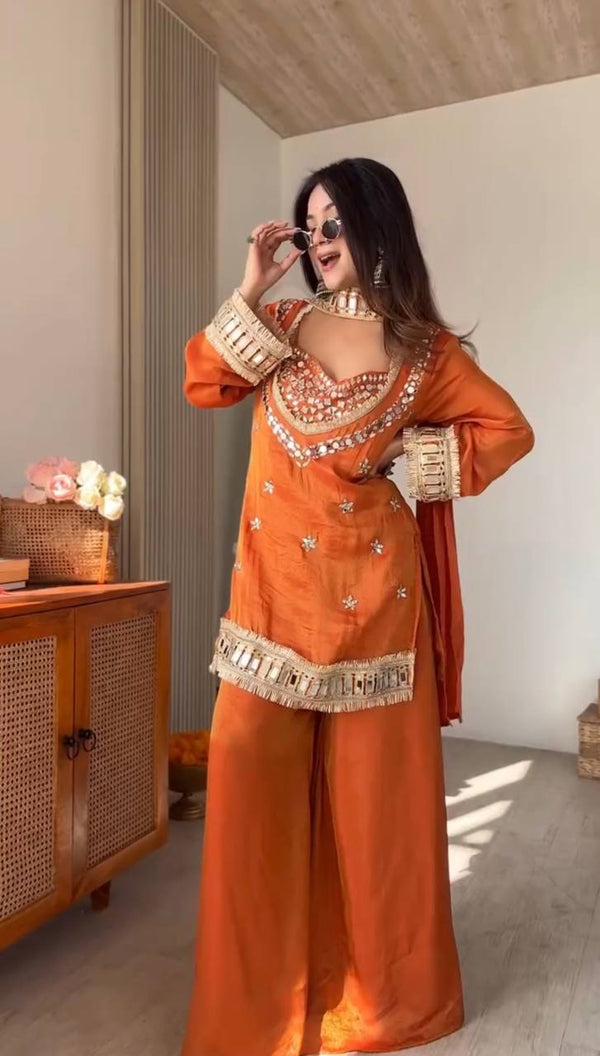Royal Orange Mirror Work Sharara Set