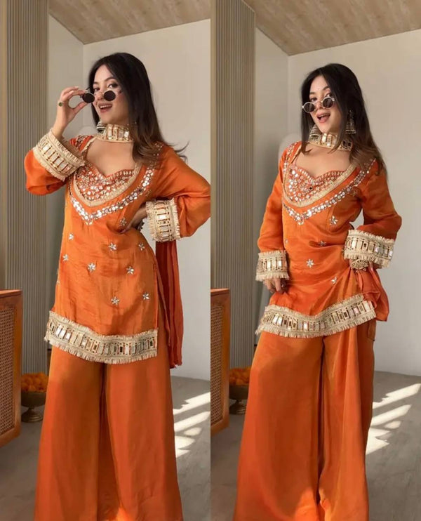 Royal Orange Mirror Work Sharara Set