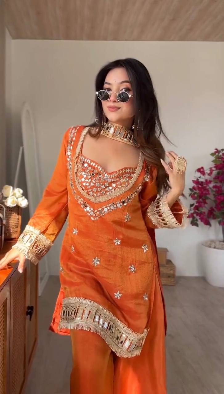 Royal Orange Mirror Work Sharara Set