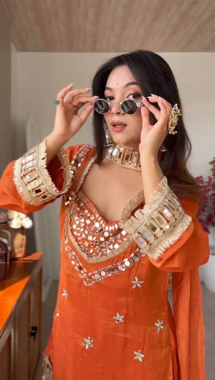 Royal Orange Mirror Work Sharara Set