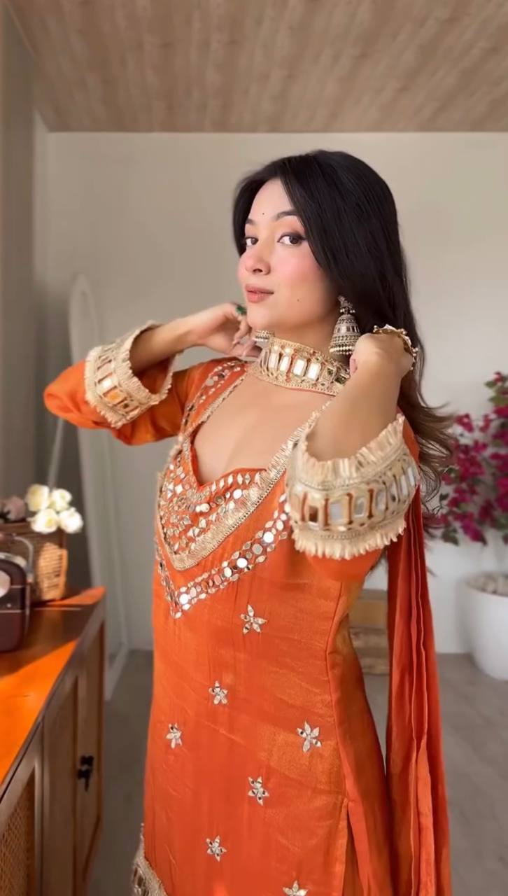Royal Orange Mirror Work Sharara Set