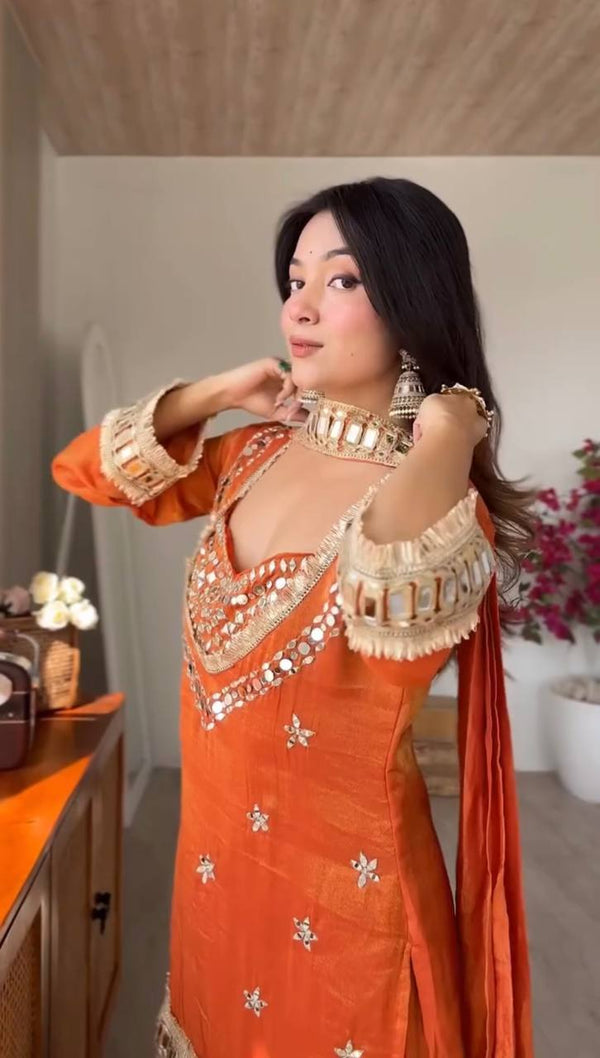 Royal Orange Mirror Work Sharara Set