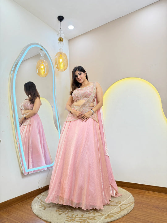 Premium Fandy Organza Handwork Lehenga Set With Draped Dupatta