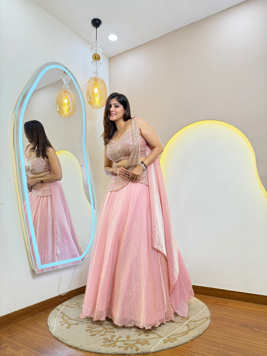 Premium Fandy Organza Handwork Lehenga Set With Draped Dupatta